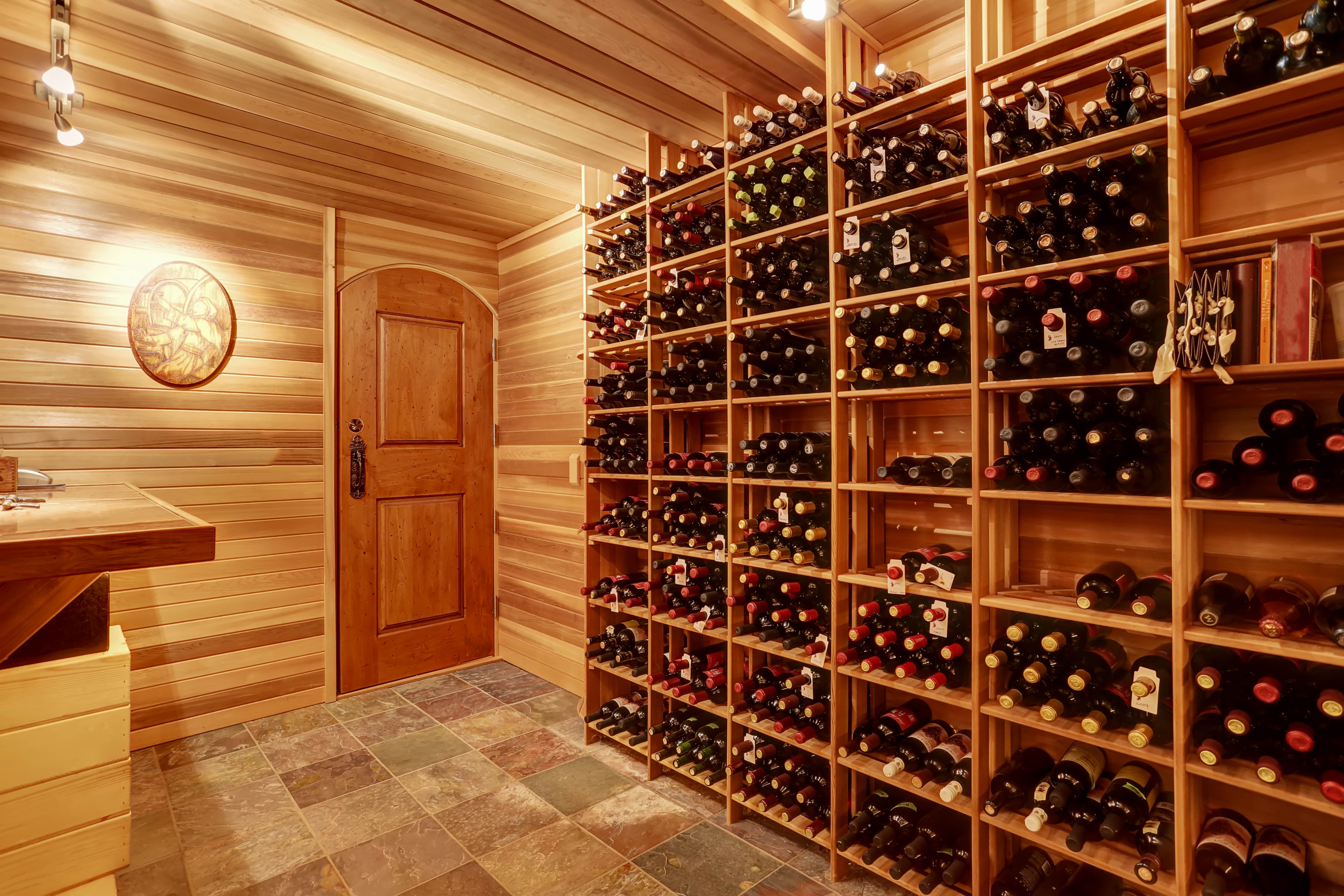 Wine cellar with tile flooring