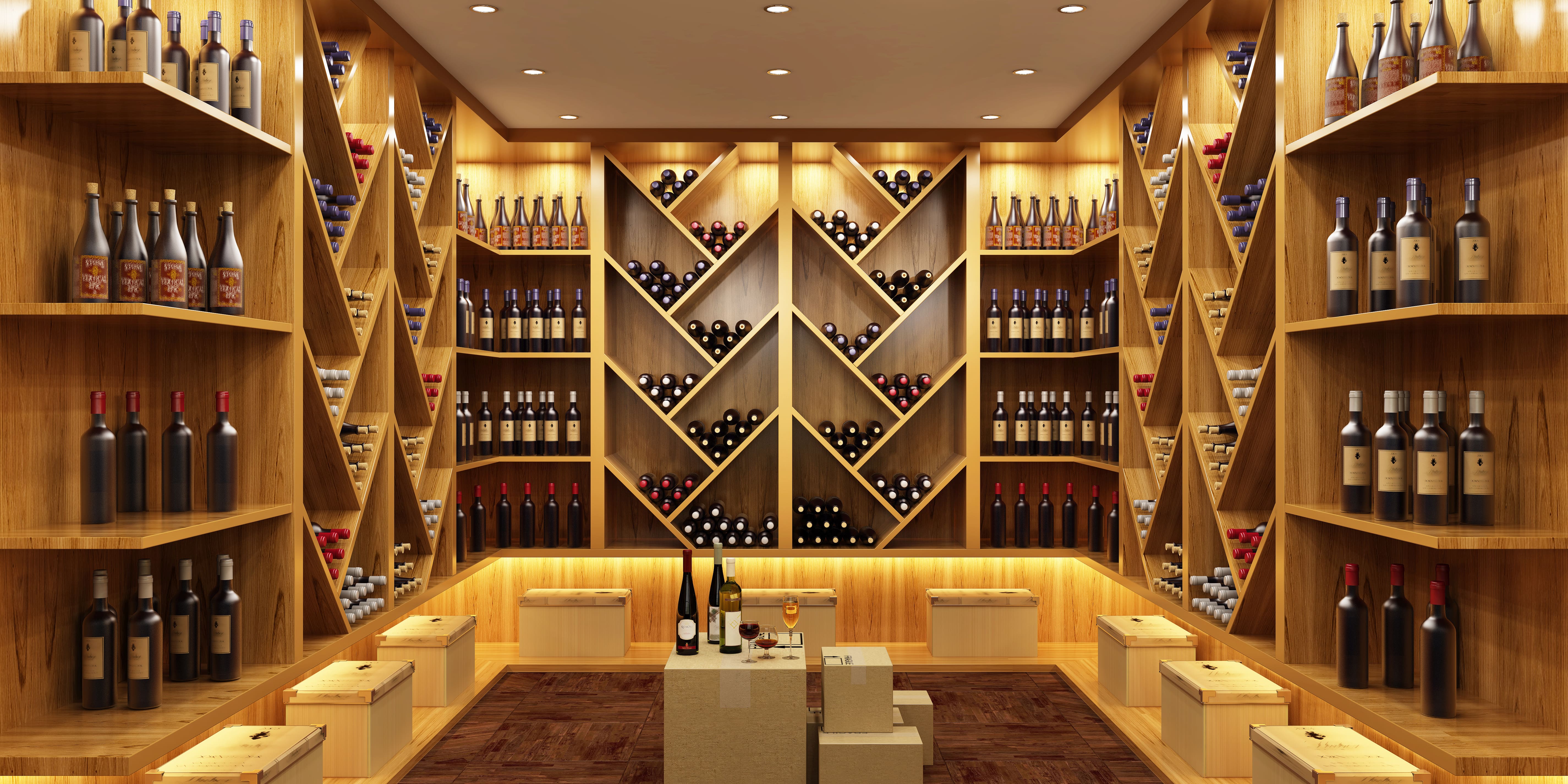 Modern wine cellar with wooden shelving display