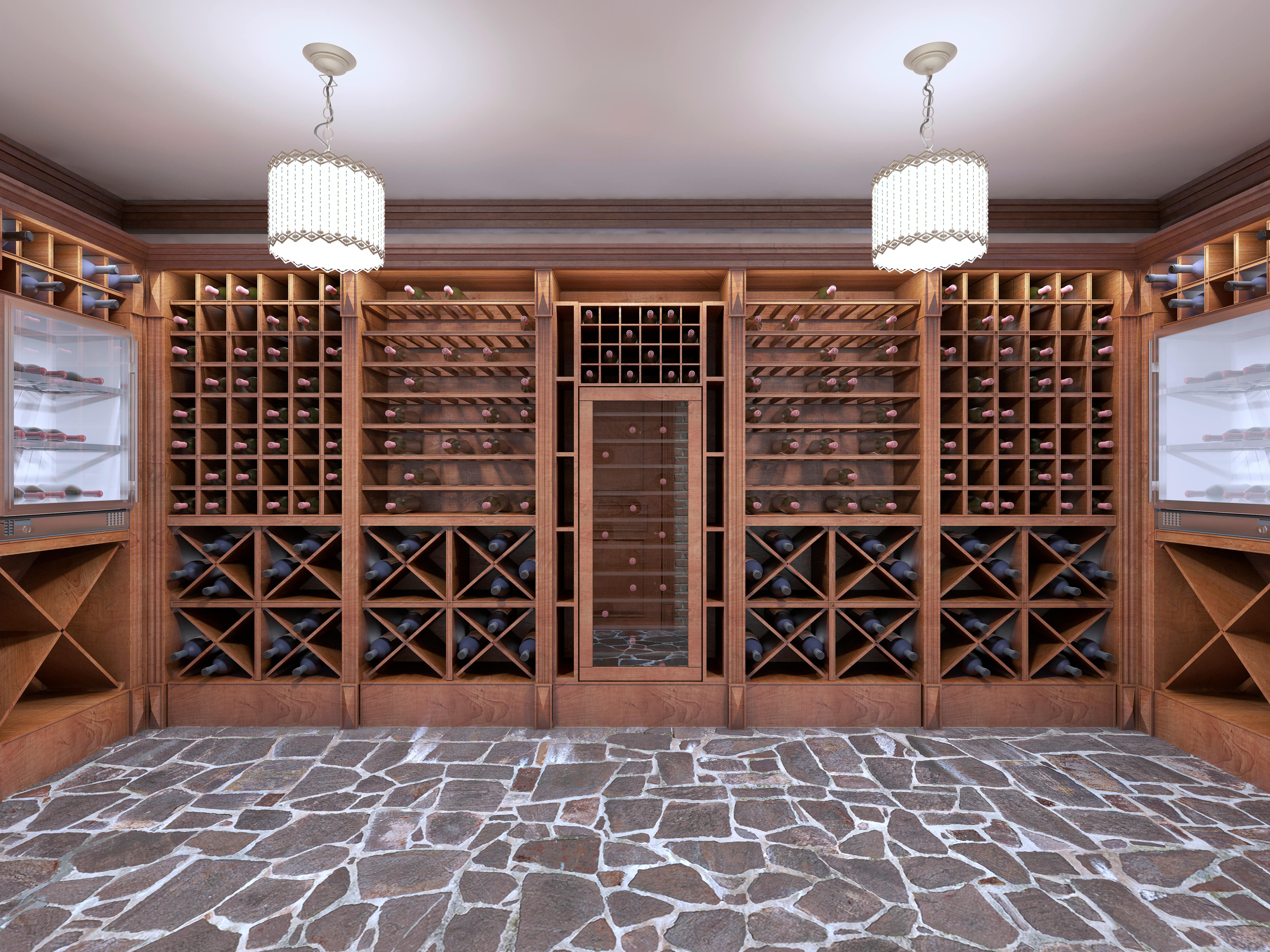 Rustic wine cellar with built-in cabinetry
