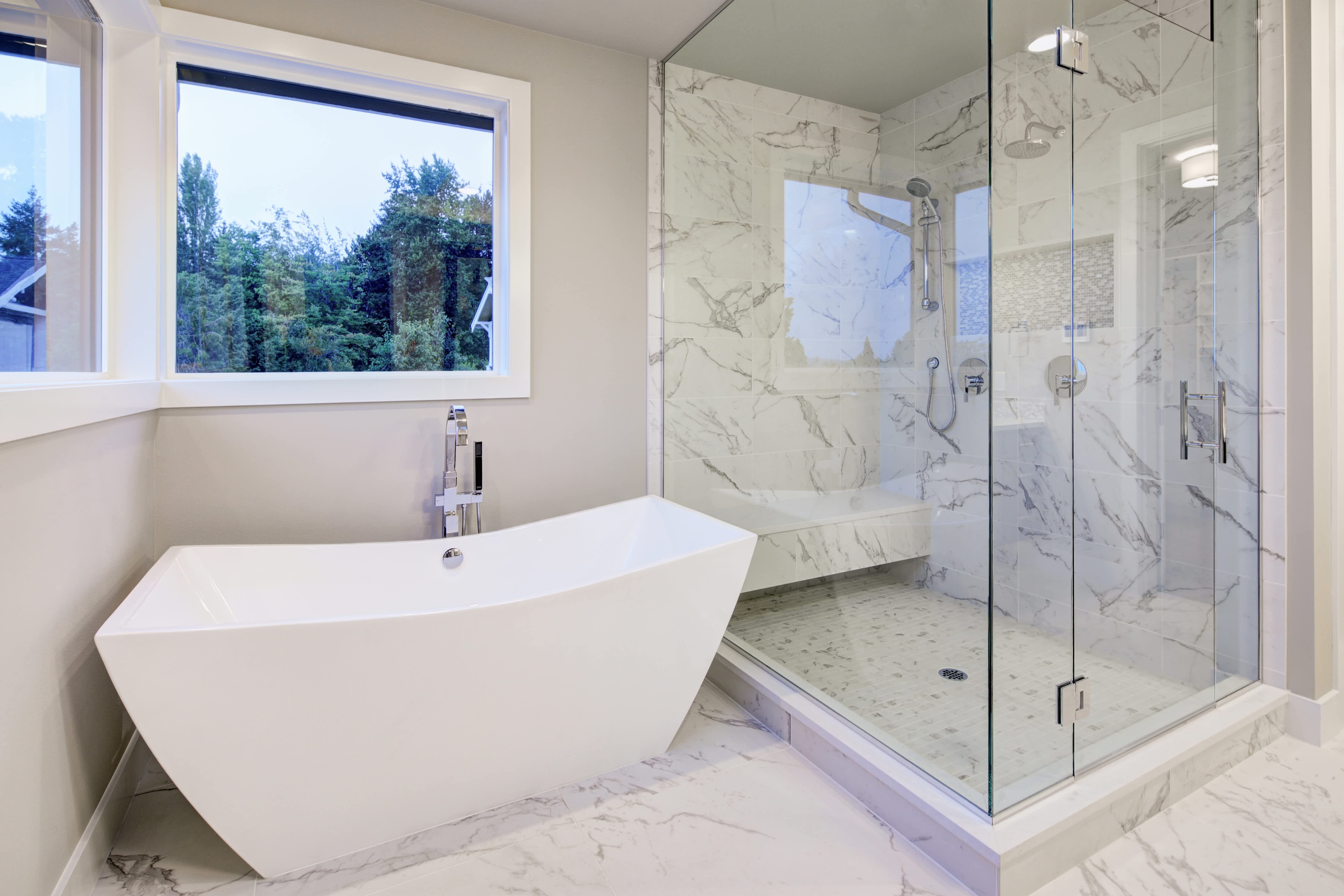 Freestanding soaking tub next to walk-in shower