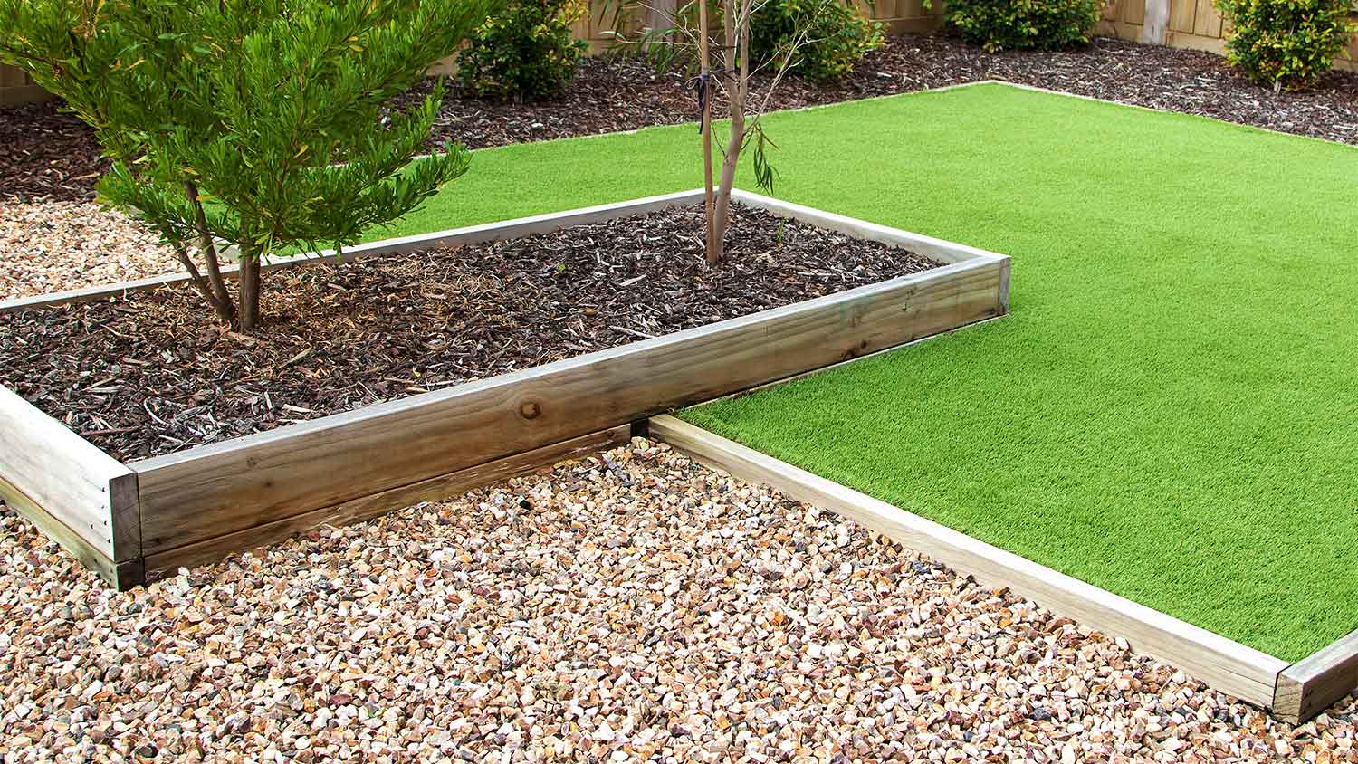 None Artificial grass with timber edging