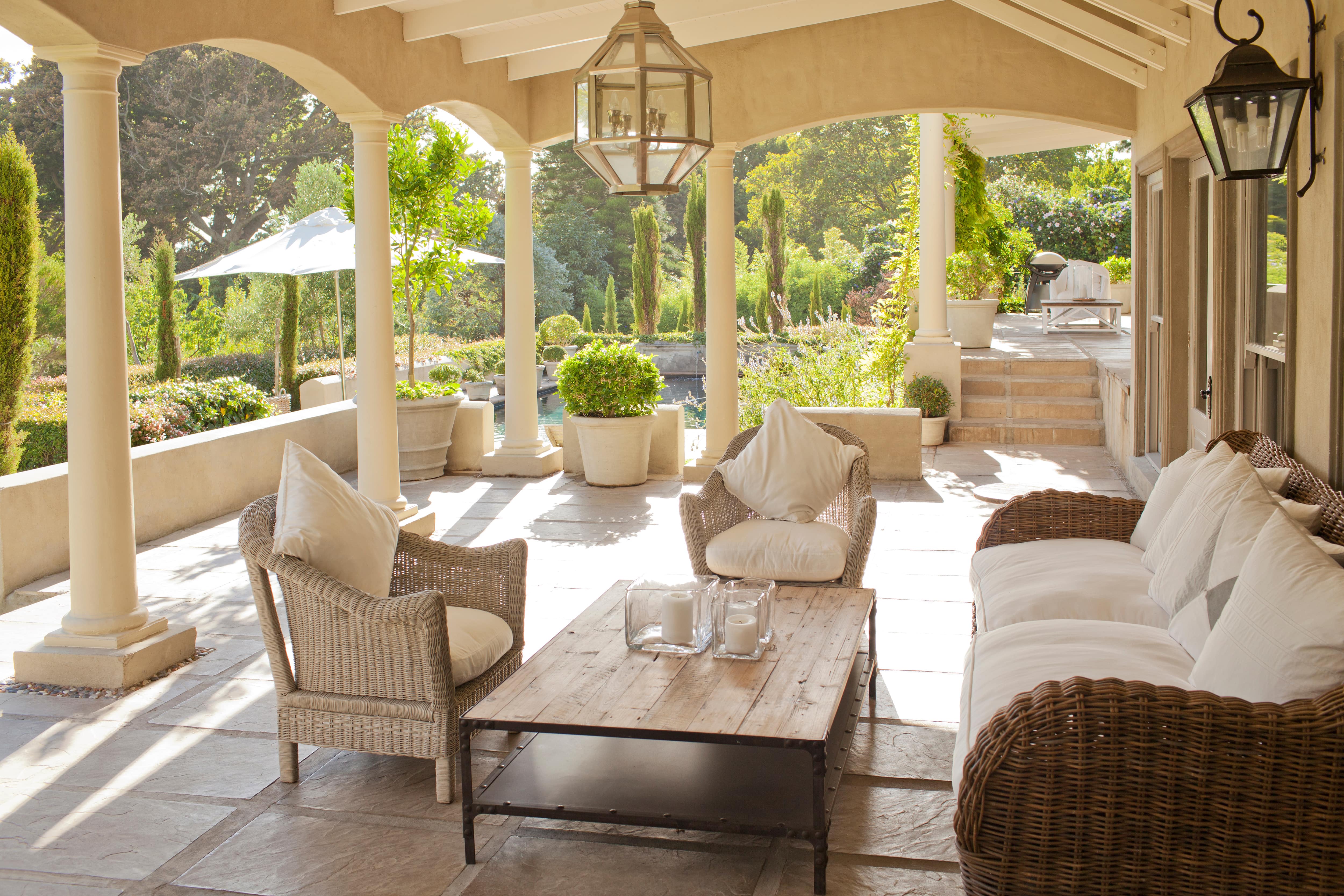 Neutral color pallet in covered back porch area