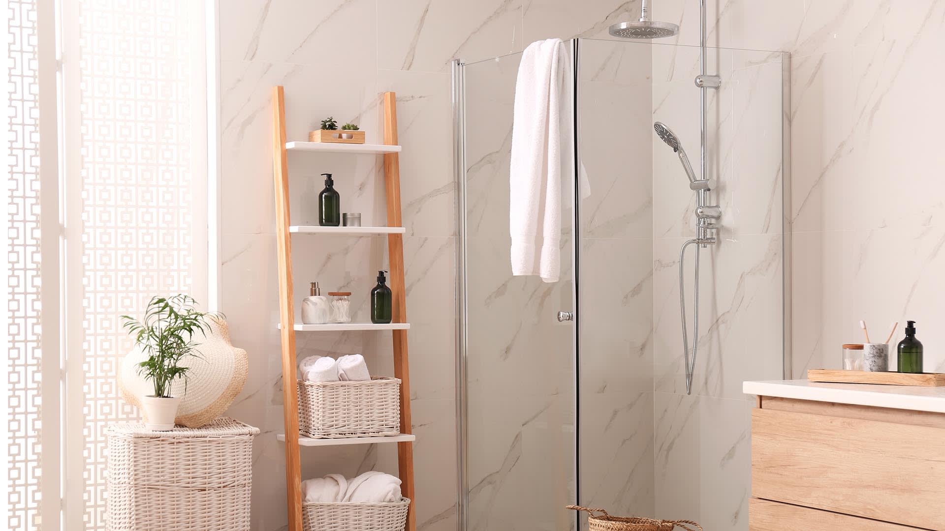 None bathroom with doorless shower