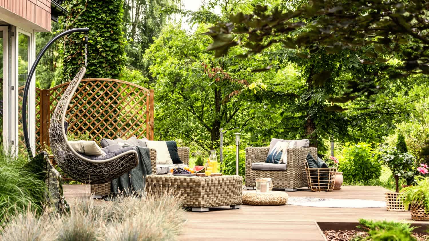 Garden furniture set on a wooden terrace