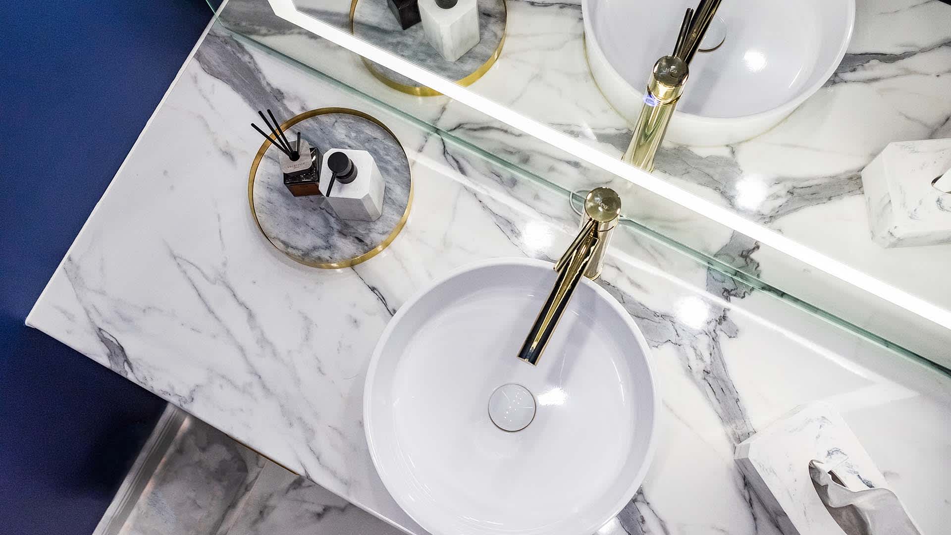None top view of marble countertop with floating sink
