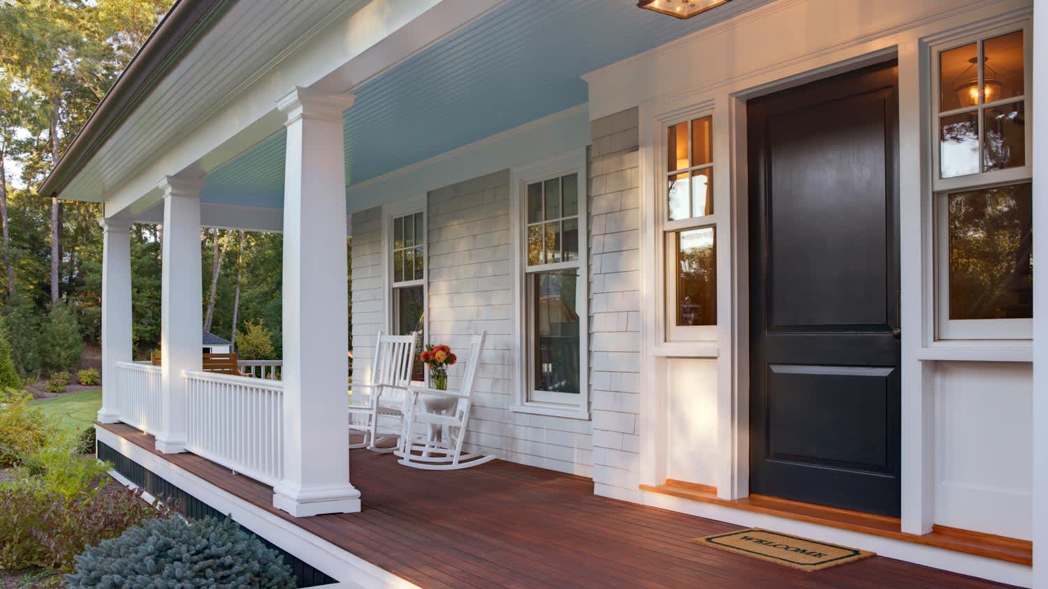 A freshly painted front porch of a house