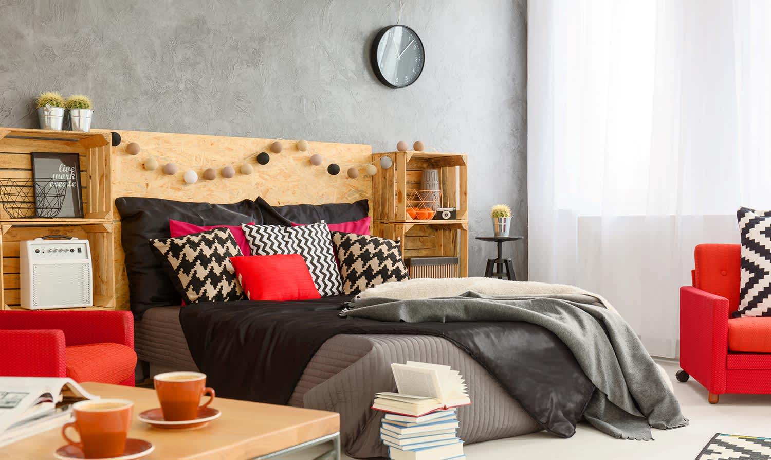 Comfy bedroom with grey textured wall treatment