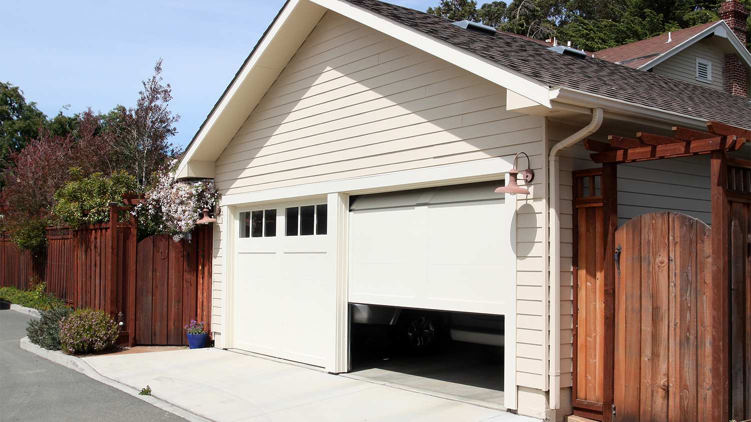 white double garage with open door