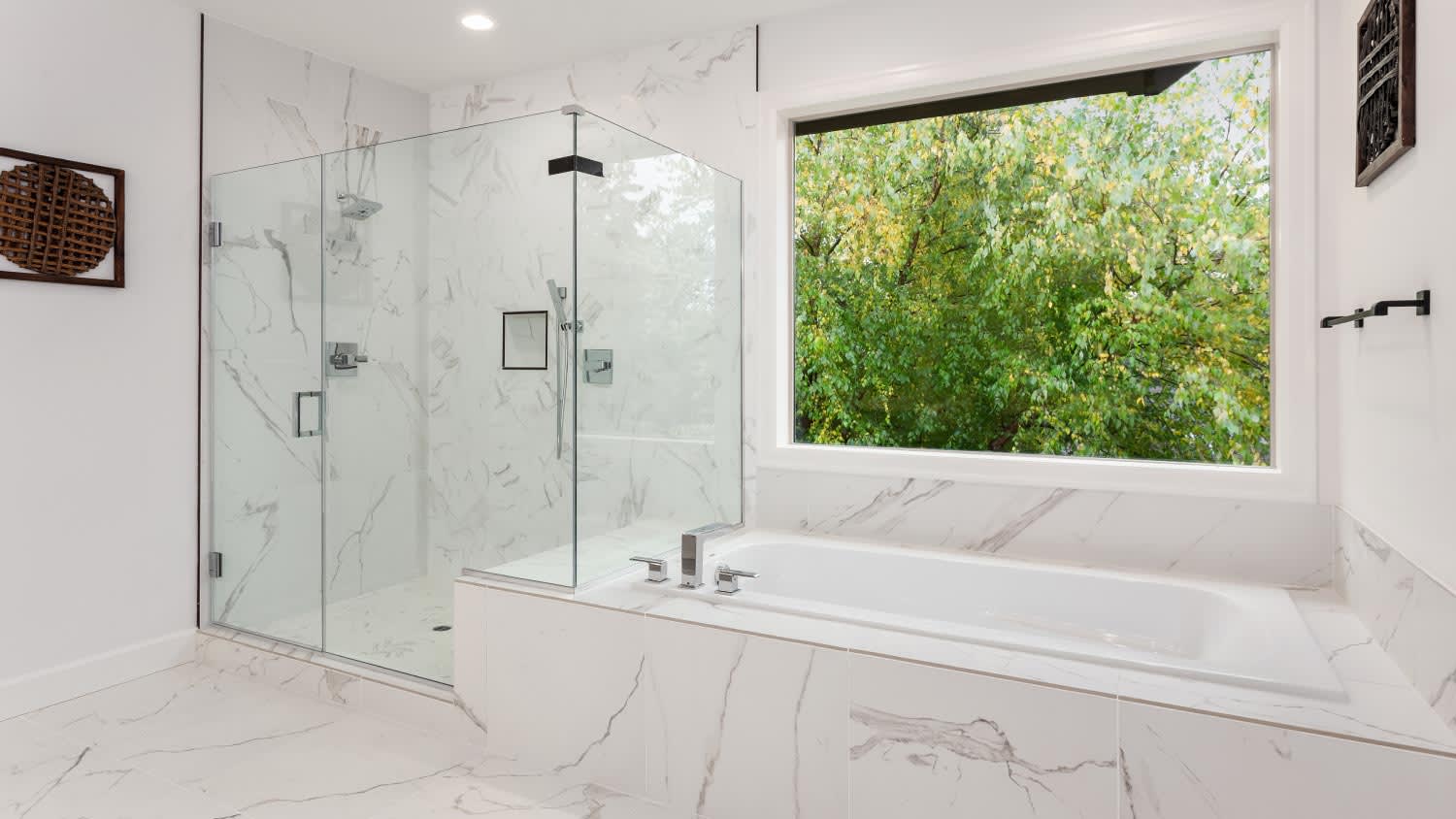 Bathroom interior with marble floor and bathtub