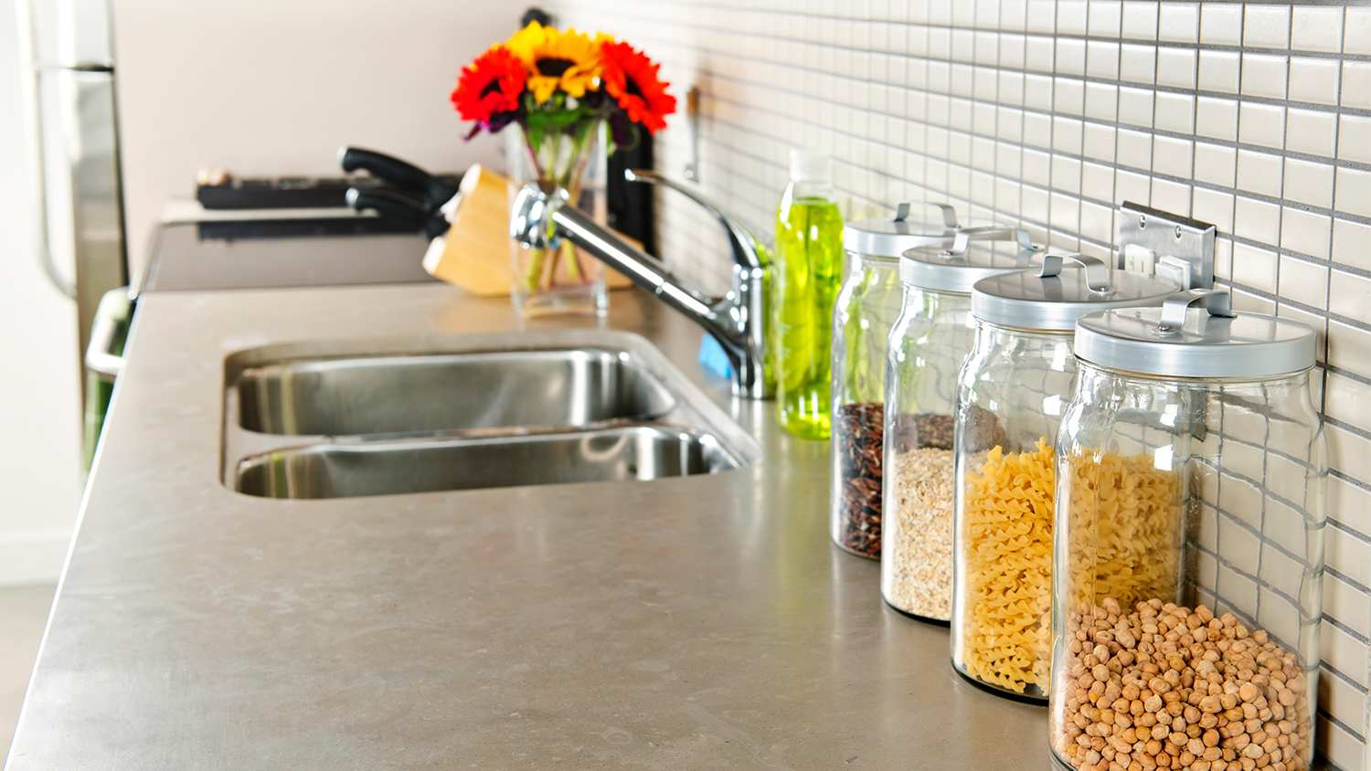 soapstone kitchen countertop with food in containers