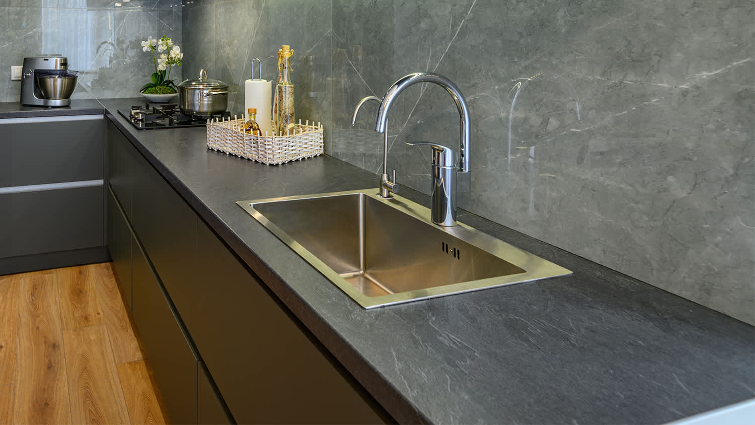dark grey kitchen with slate countertops