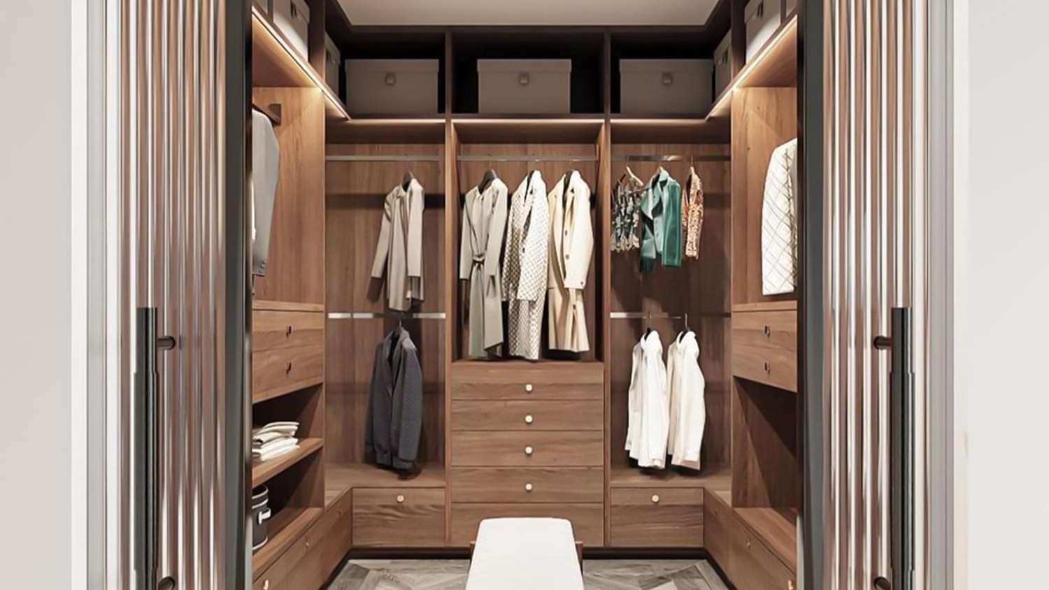 Wooden closet with clothes