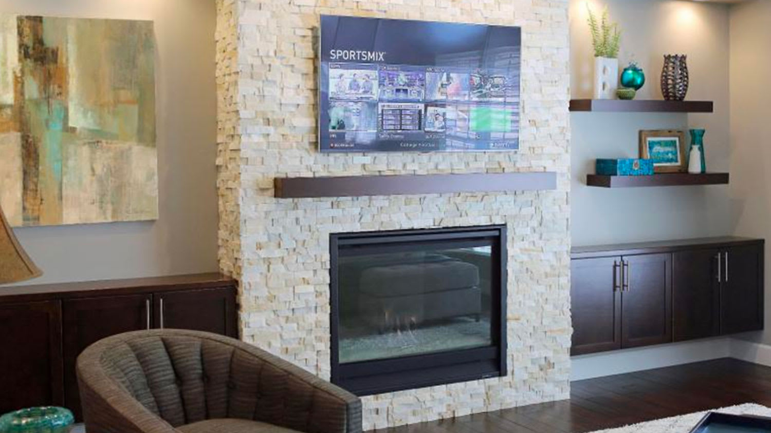 Fireplace with floating shelves
