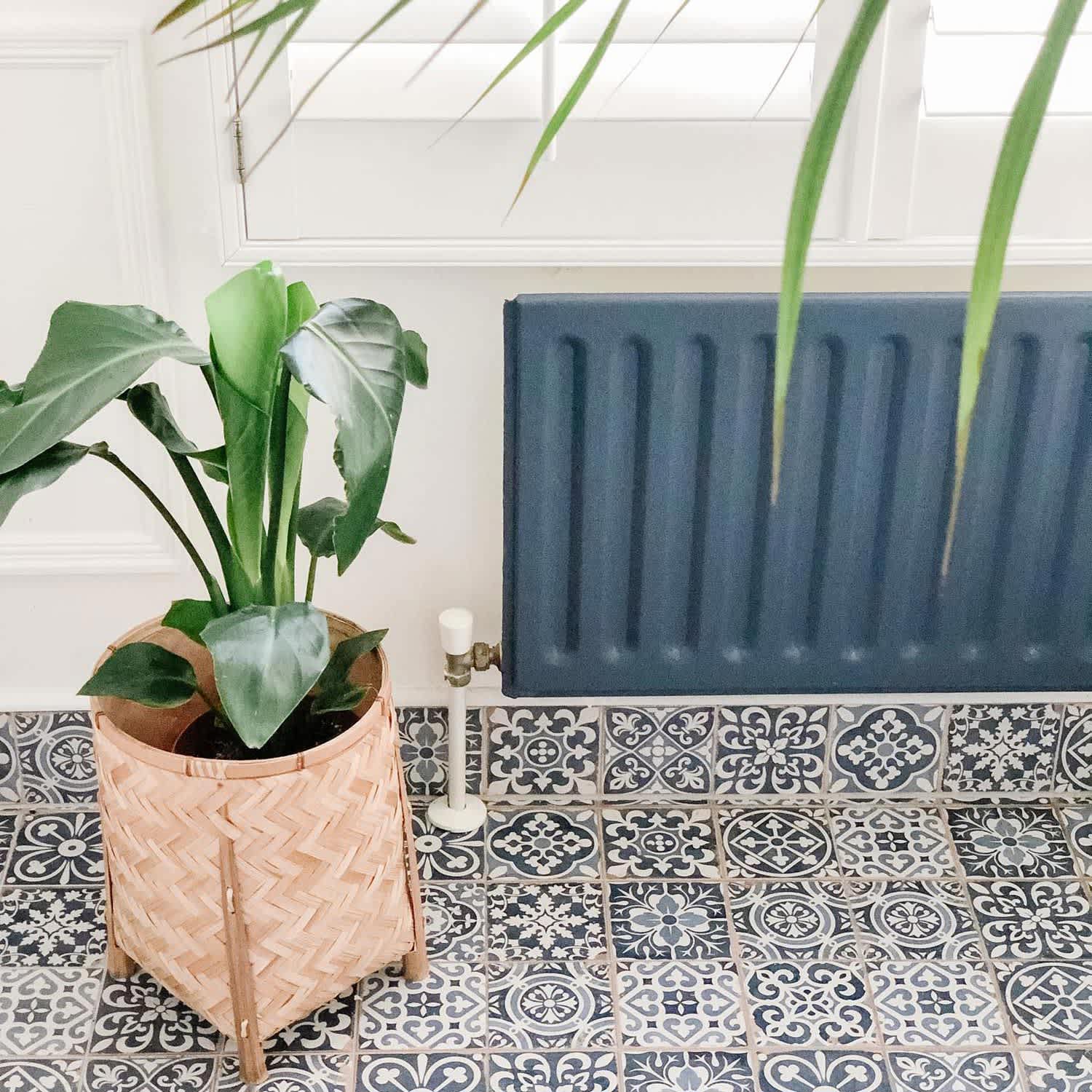 An interior shot of a state blue painted radiator