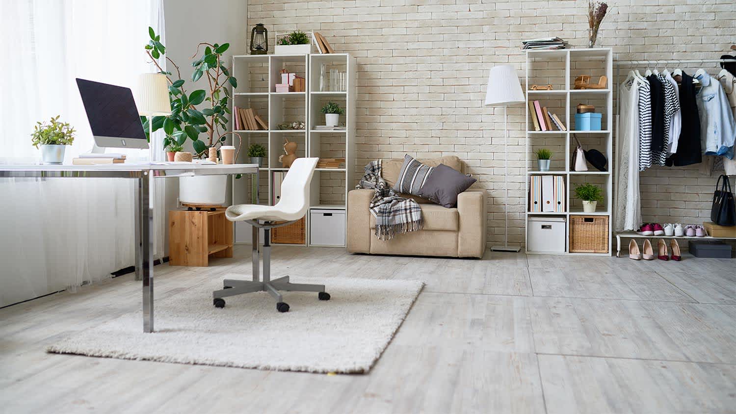 Open room shelves desk clothing rack
