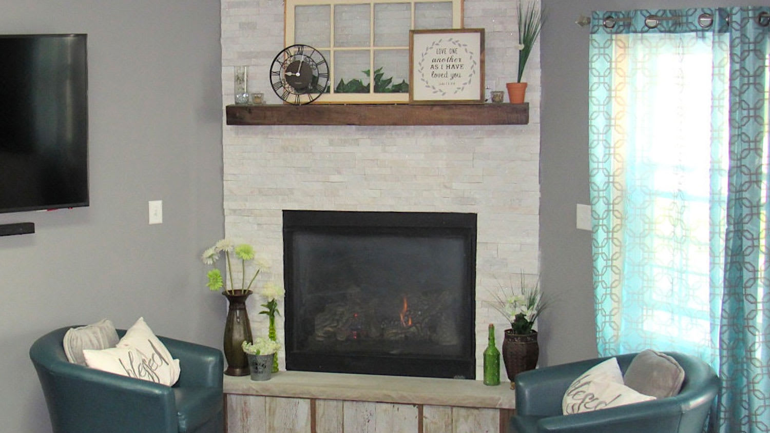 Stone rustic fireplace