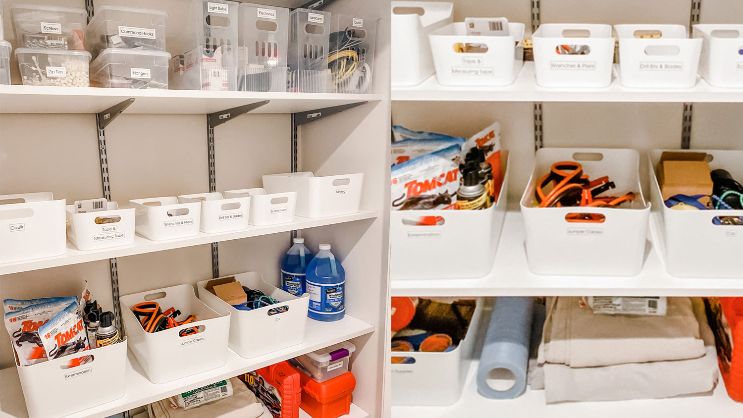 White storage bins labeled