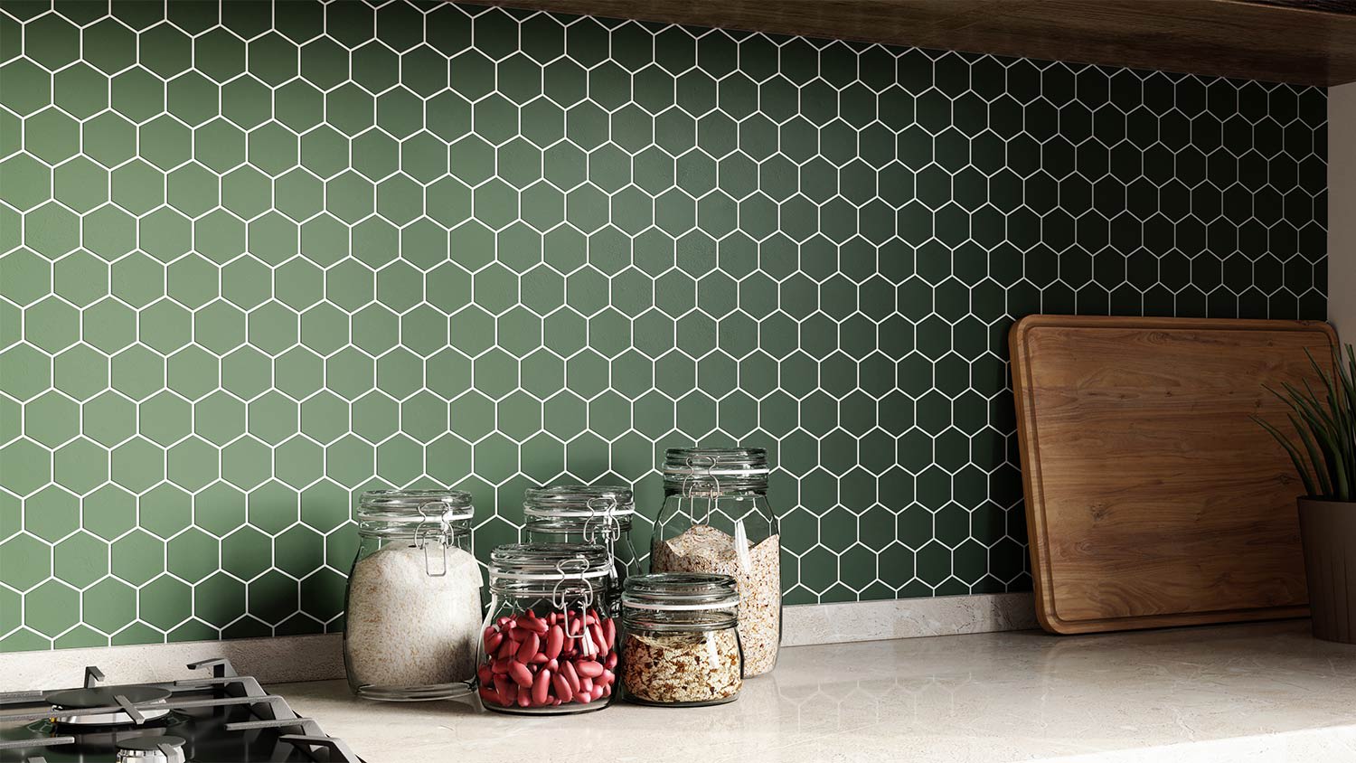Green pattern tile kitchen countertop
