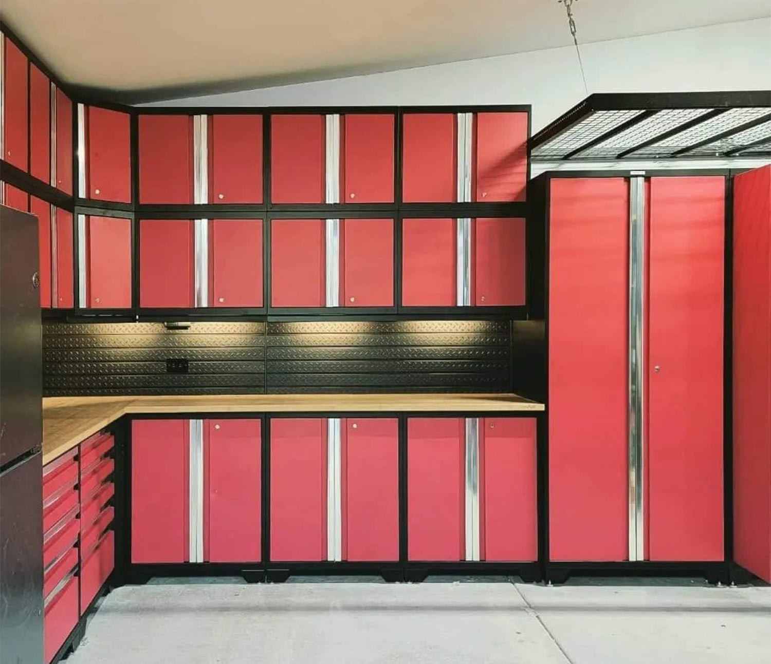 Wall to wall red cabinets storage
