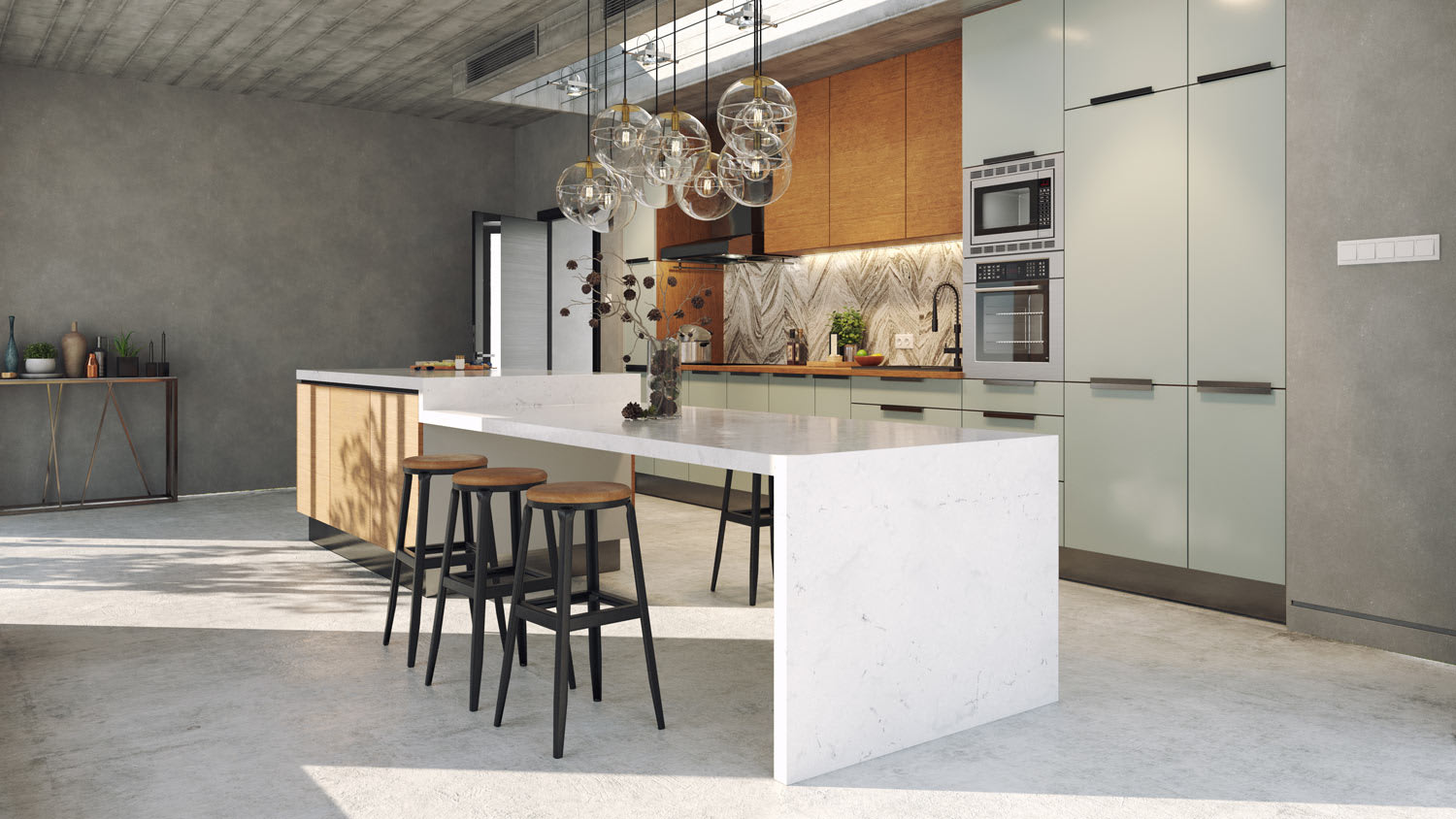 A modern kitchen with concrete flooring