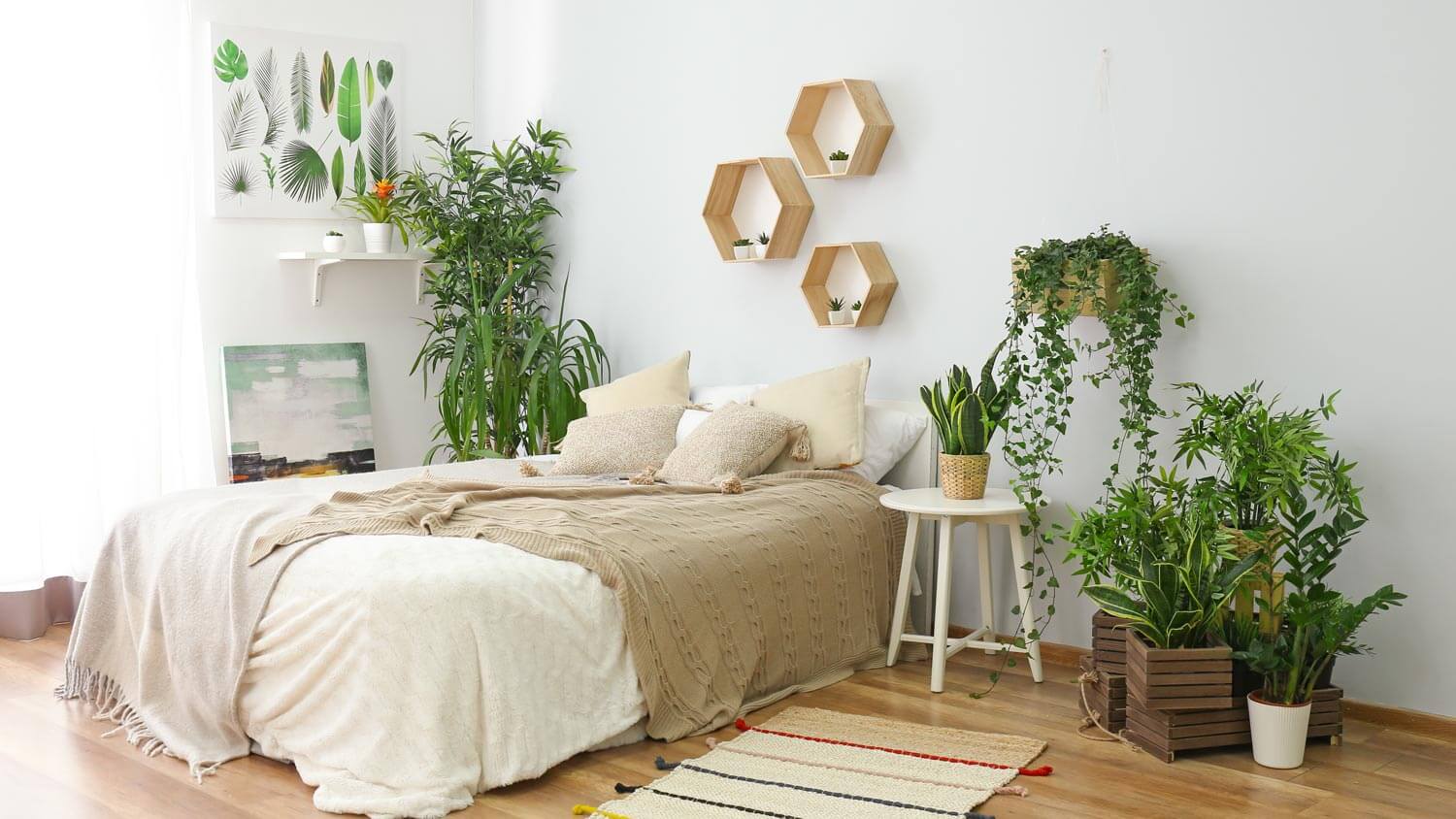 A stylish bedroom with houseplants being the focal point of the room