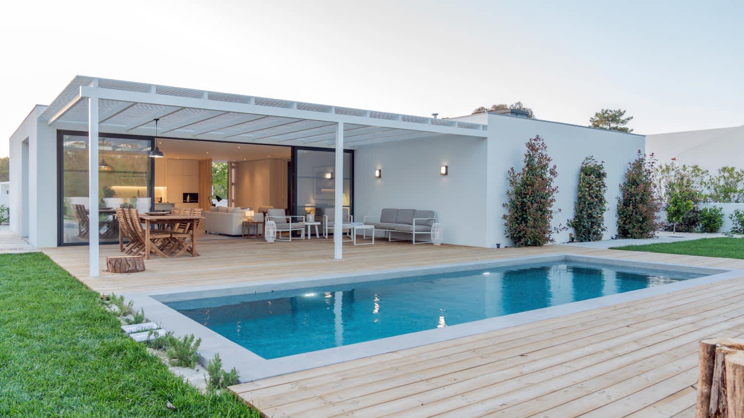 A modern villa with pool and garden