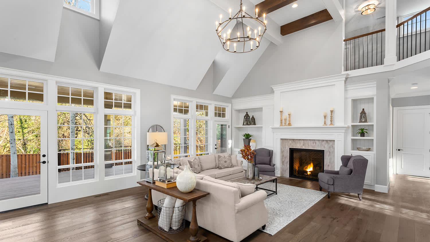 luxurious large living room with high ceiling
