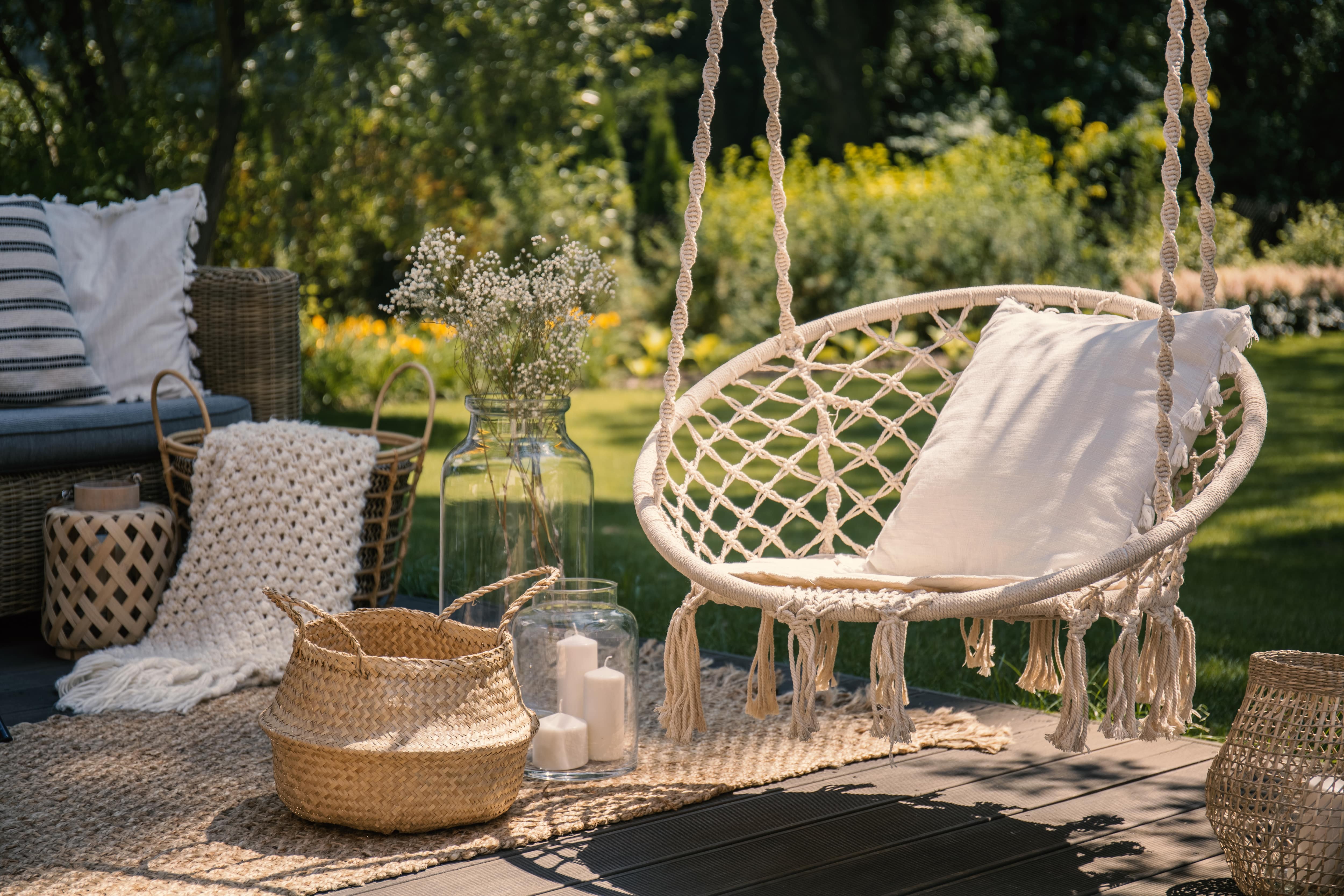 Macrame swing chair in outdoor living room