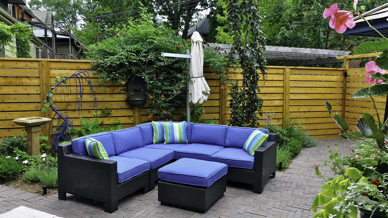 blue patio furniture in yard