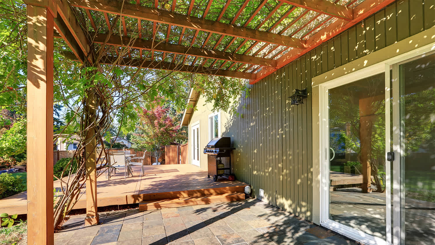 pergola in lush garden