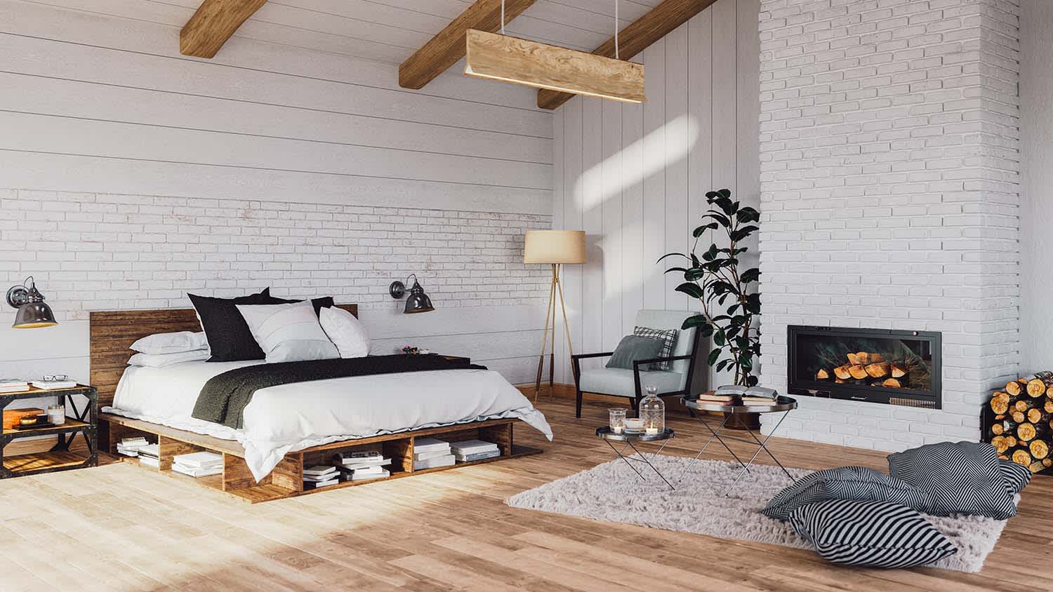 scandinavian bedroom with fireplace