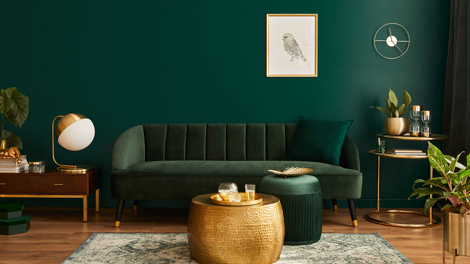 Mid-century modern living room with green wall