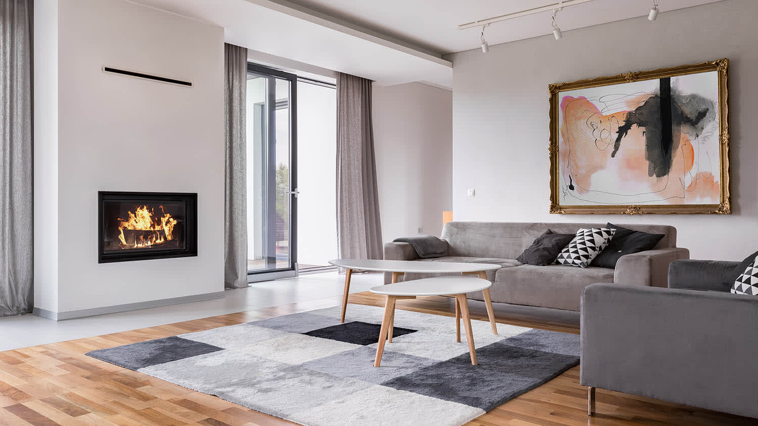 living room with sleek minimalist fireplace