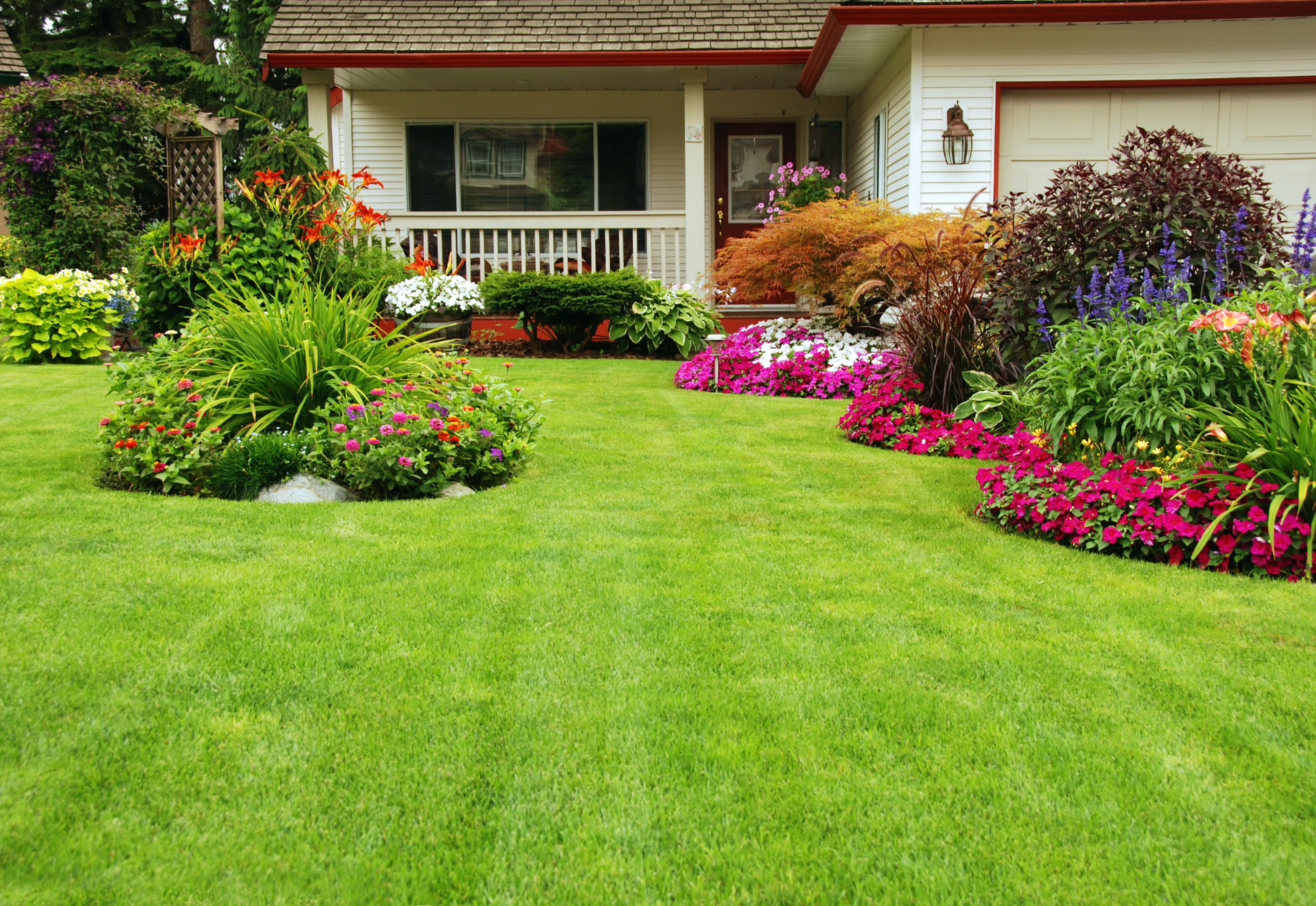 Green manicured lawn with colorful plants in front of a white house