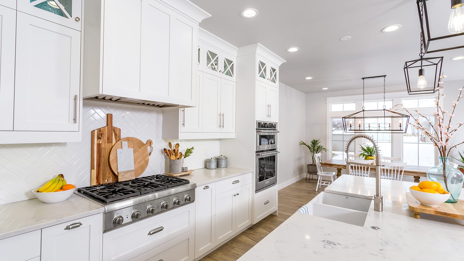 Sparkling clean white modern farmhouse kitchen