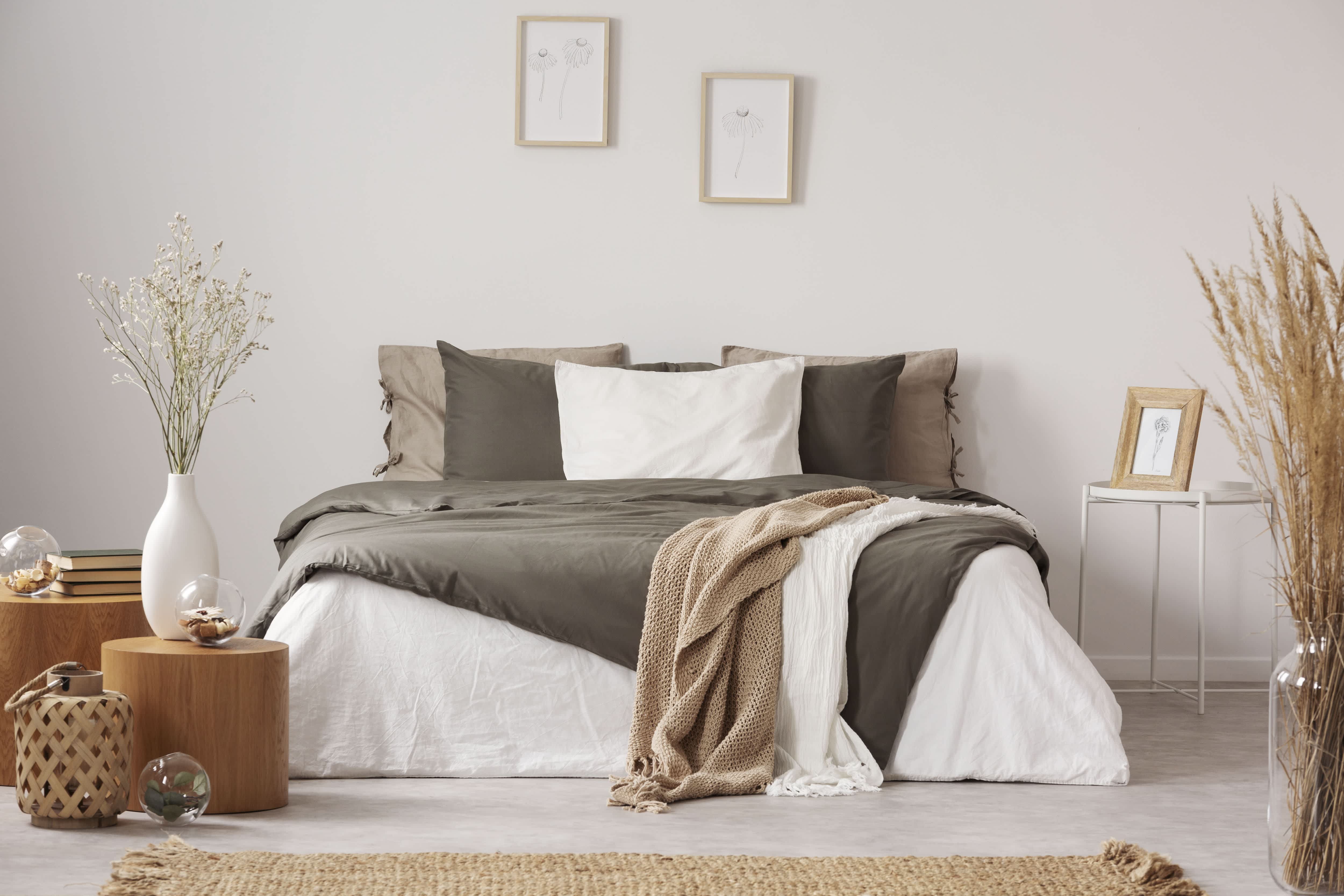 Spacious bedroom with earthy colored decor