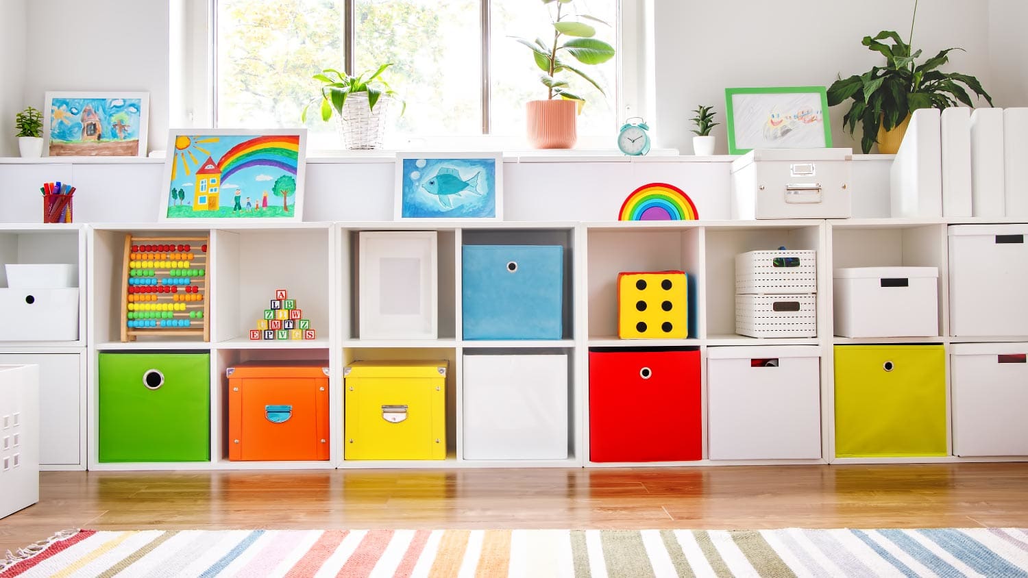 Playroom with shelves and colourful boxes