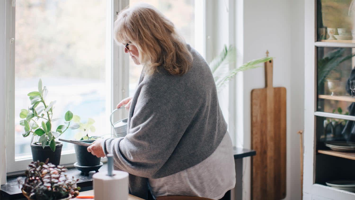 A woman watering houseplants on windowsill at home
