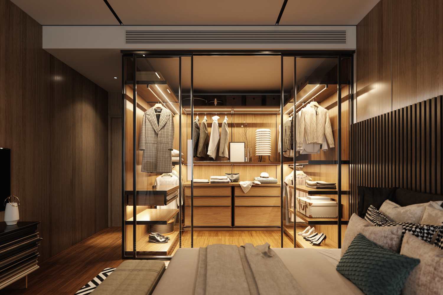 A luxurious bedroom with a walk-in closet