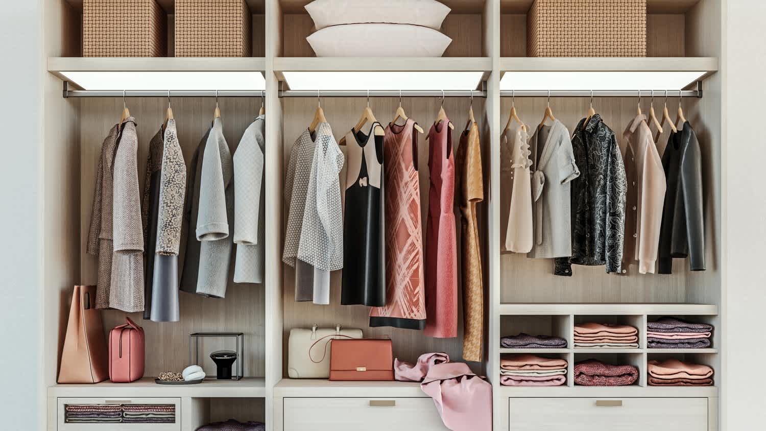 A wooden wardrobe with LED panels