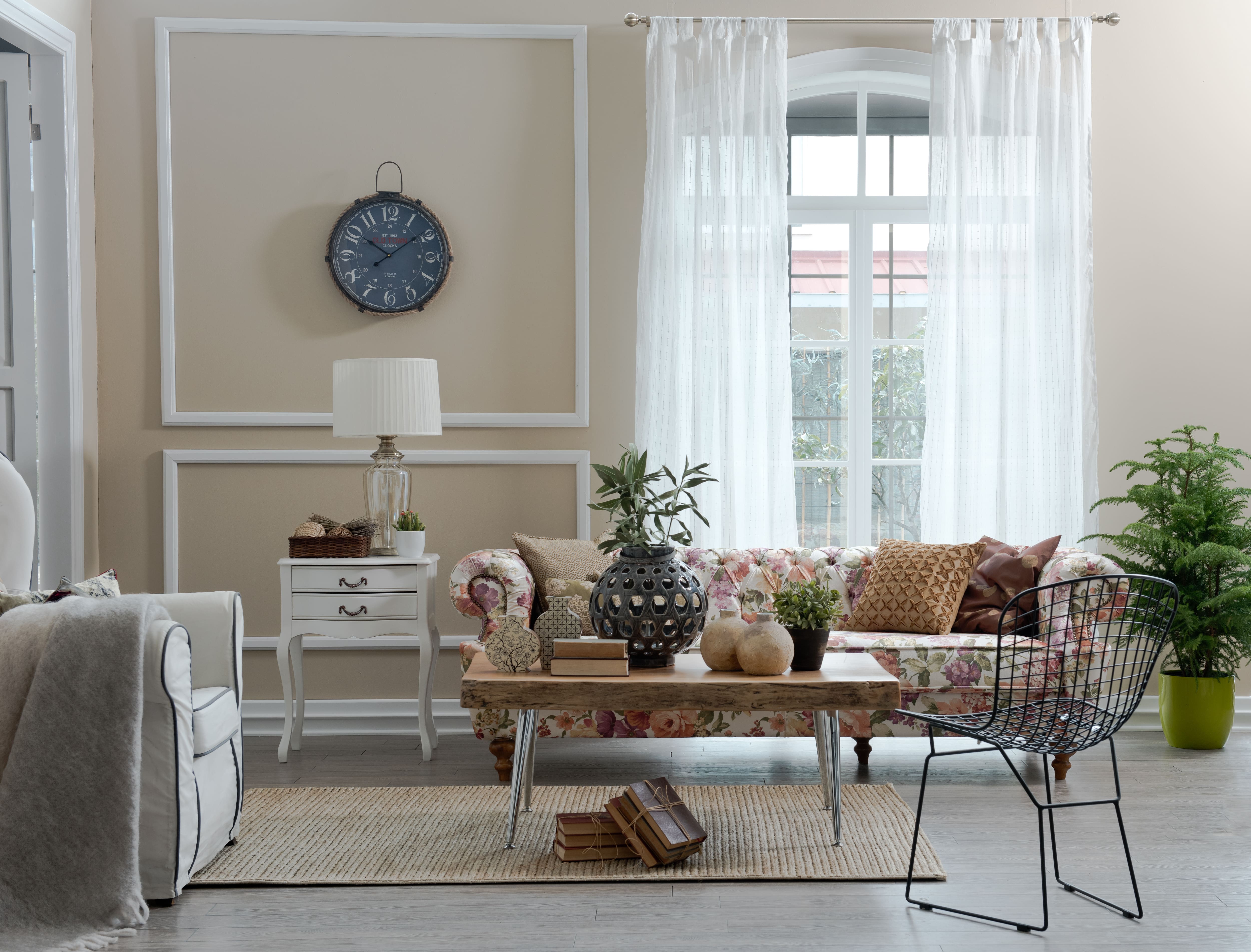 Floral couch in modern farmhouse living room