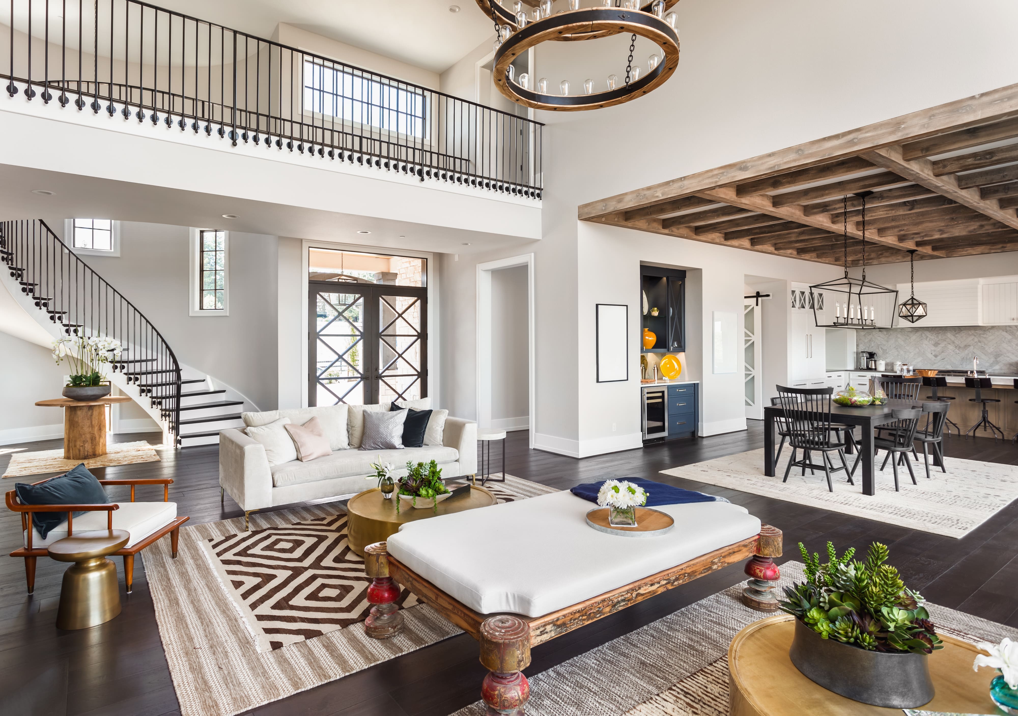 Large open-concept modern farmhouse living room