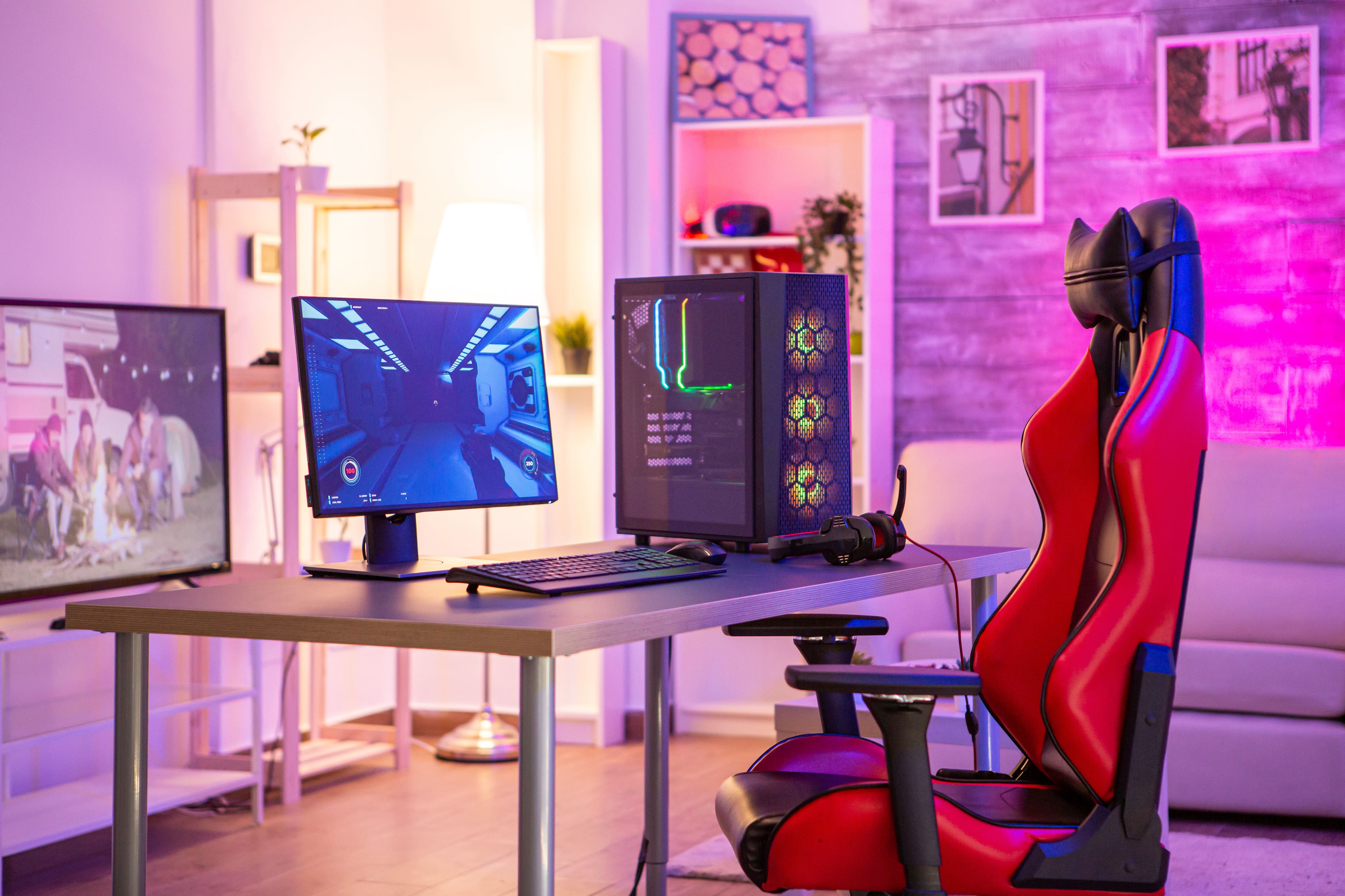 Video game room with leather chair