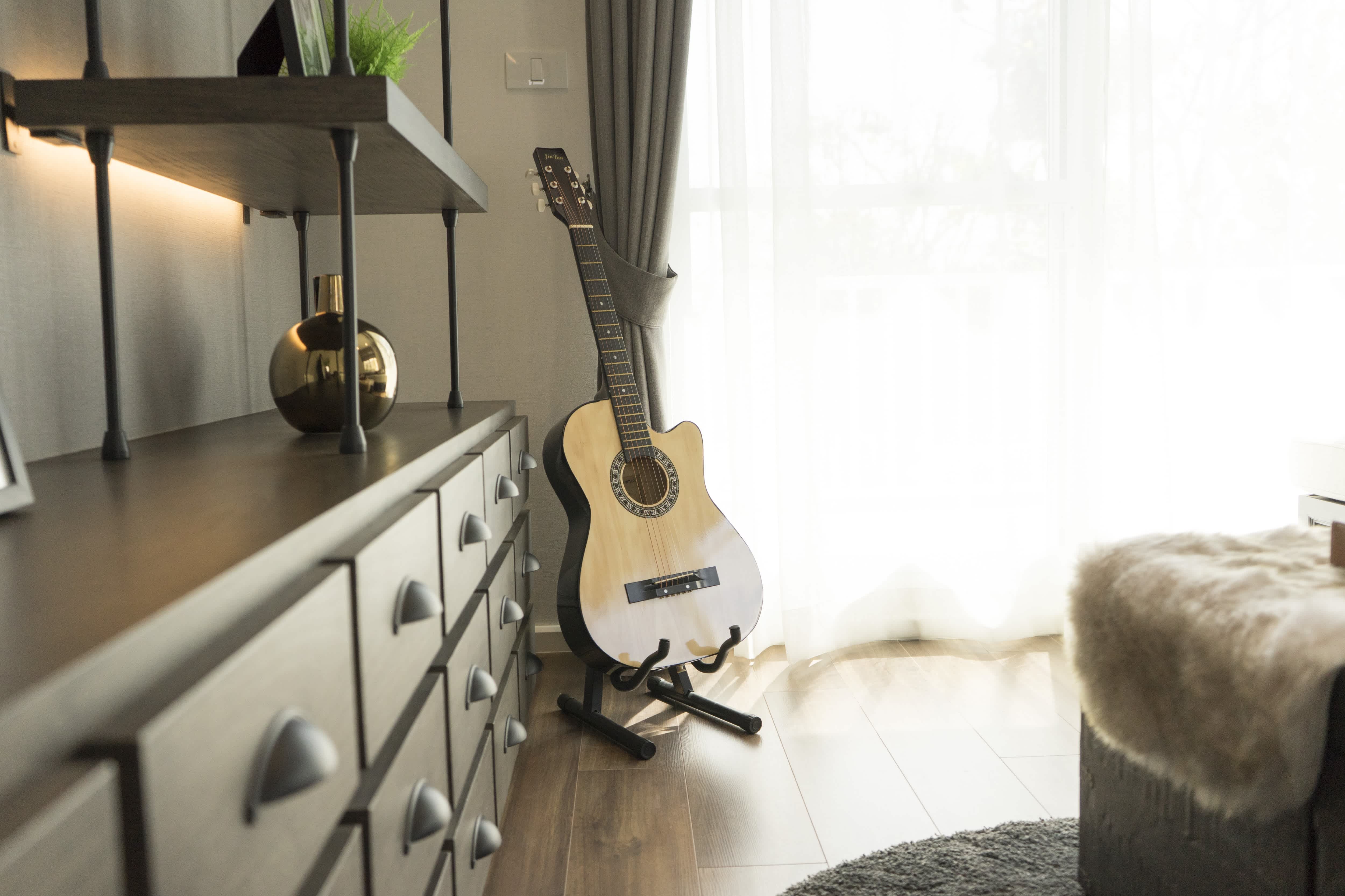 Living room with acoustic guitar