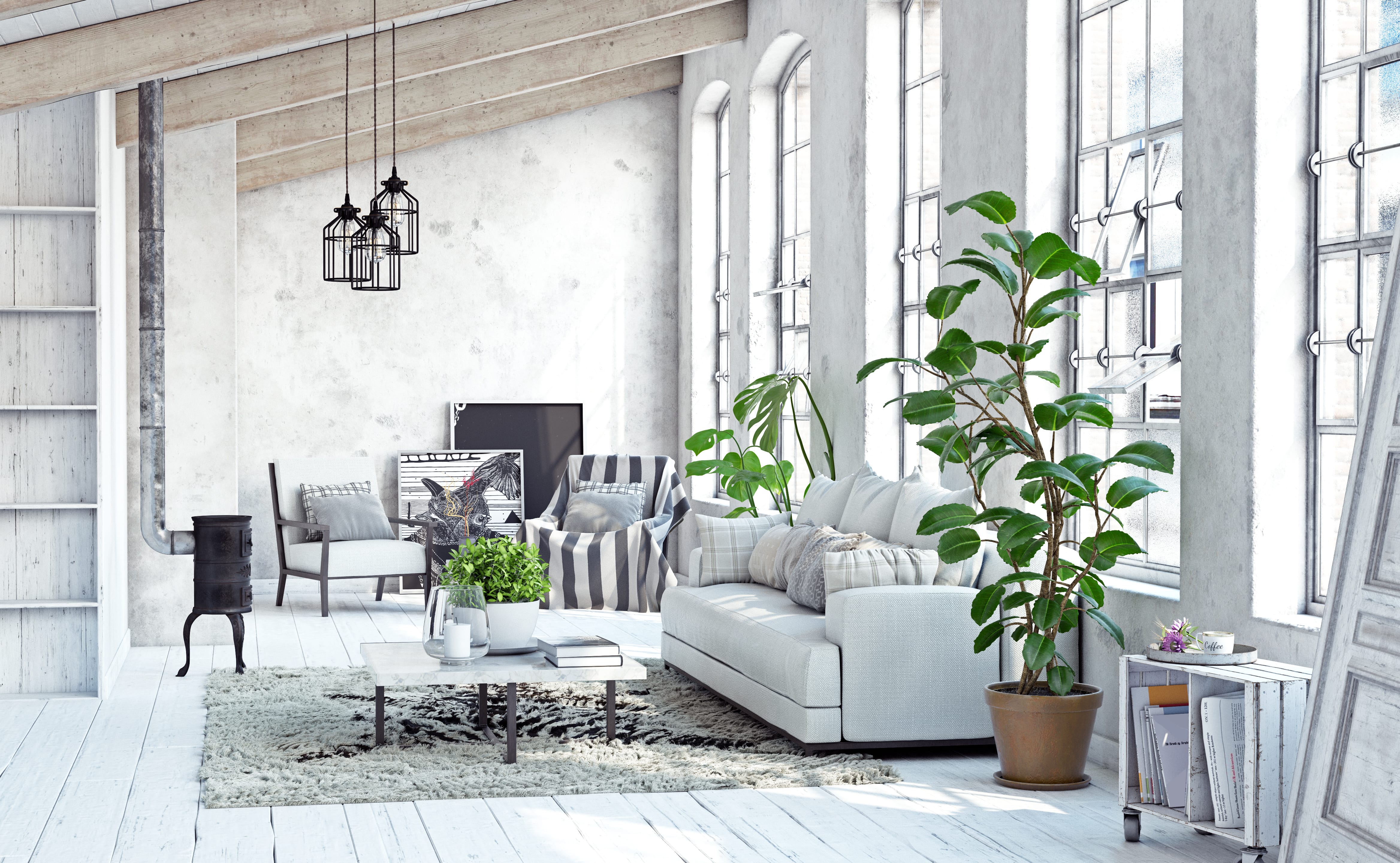 Modern living room with natural light and distressed white floors