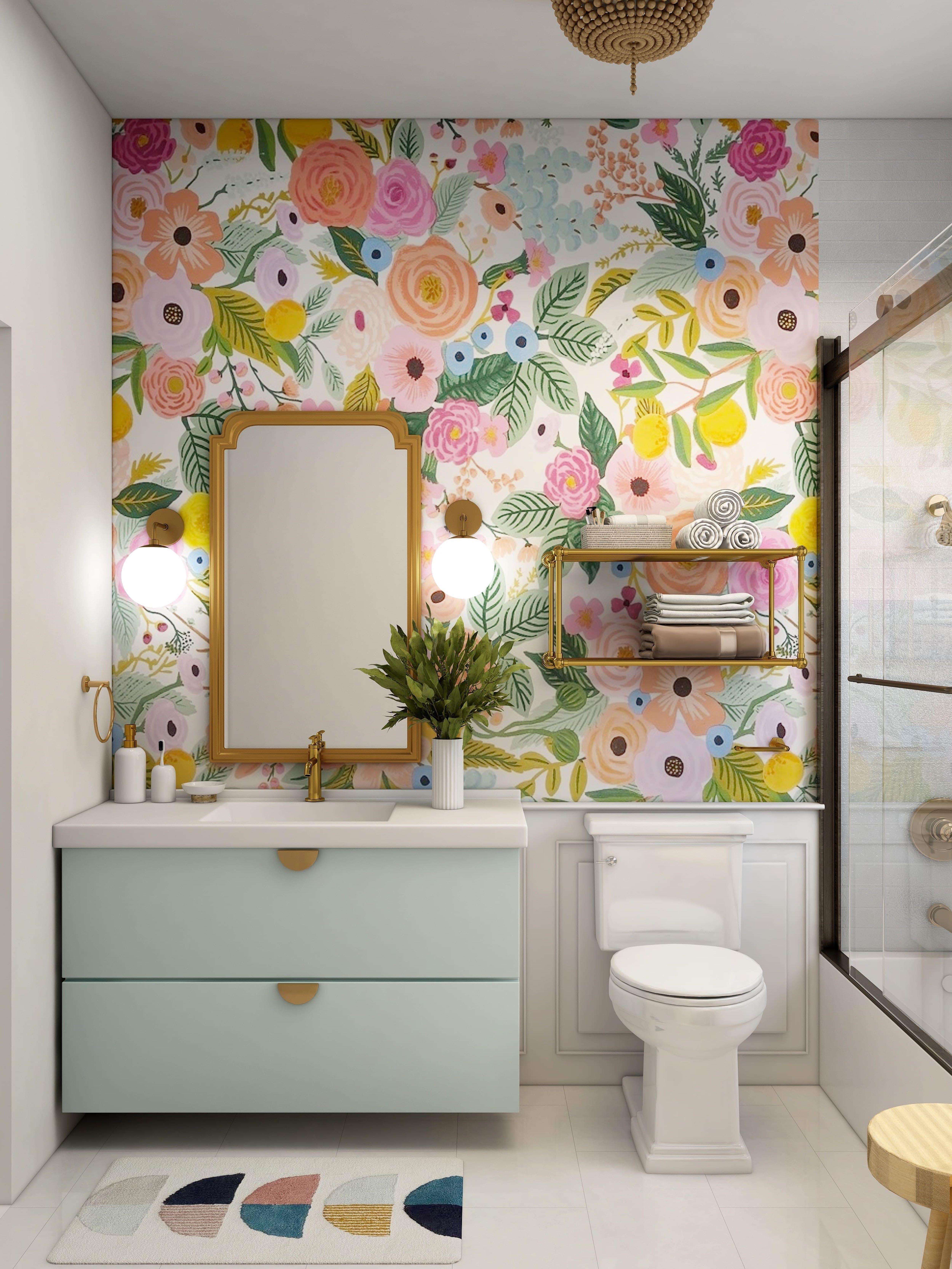 Patterned wallpaper in bathroom