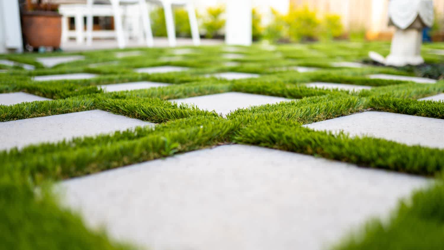 A close up of a paver patio