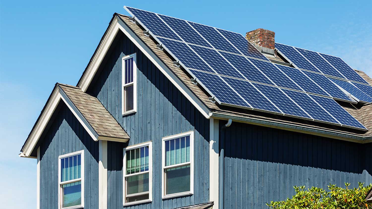 Blue house roof solar panels