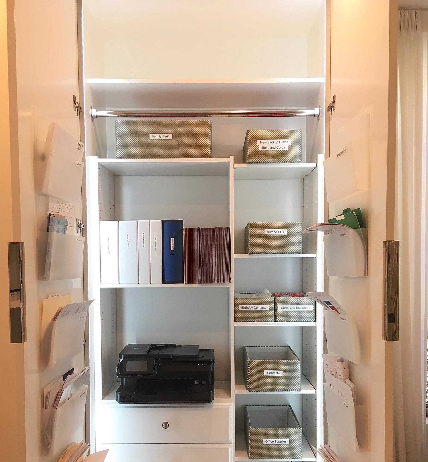 A paperwork space in a closet