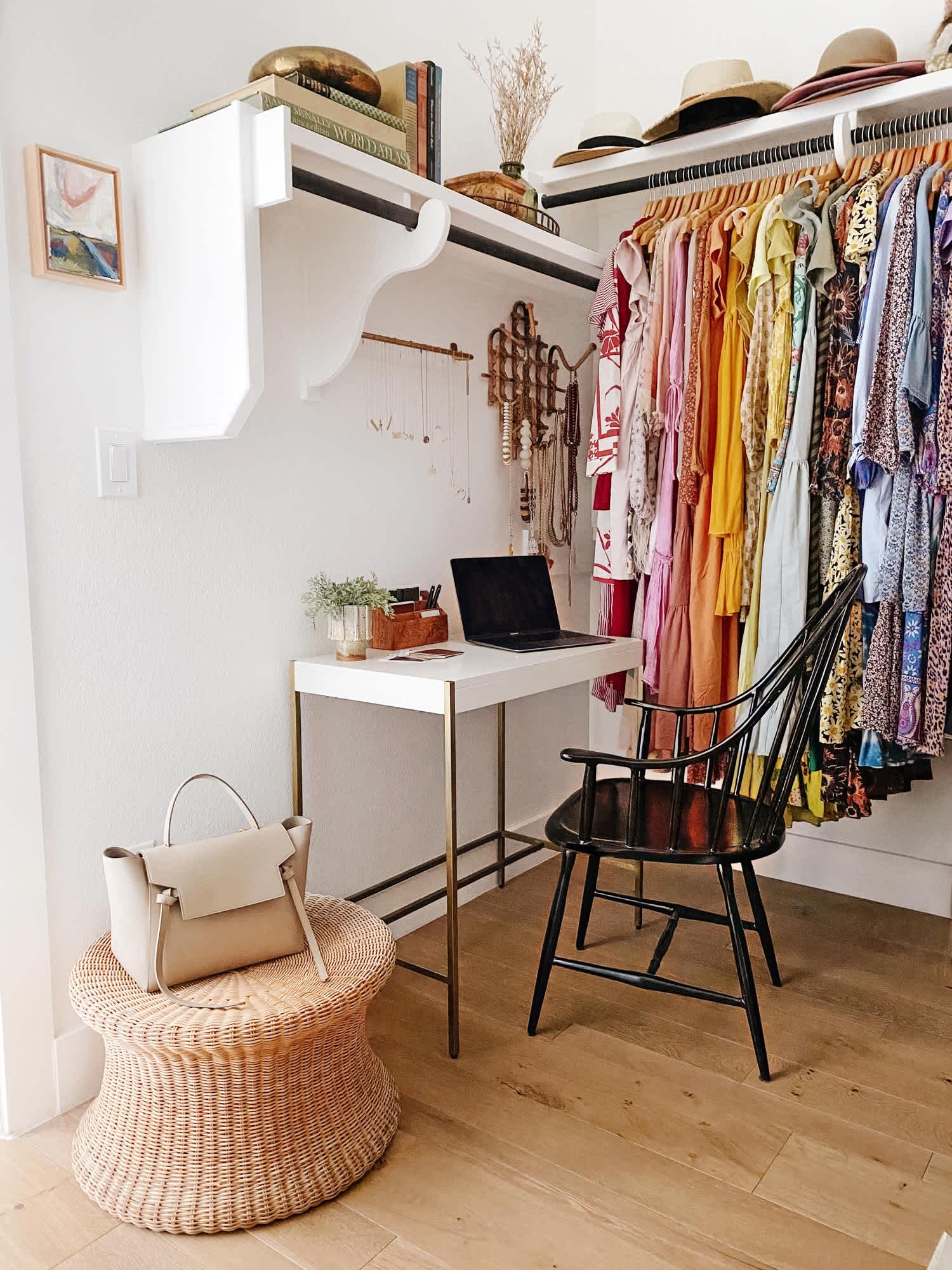 A design space with a desk and a colorful closet